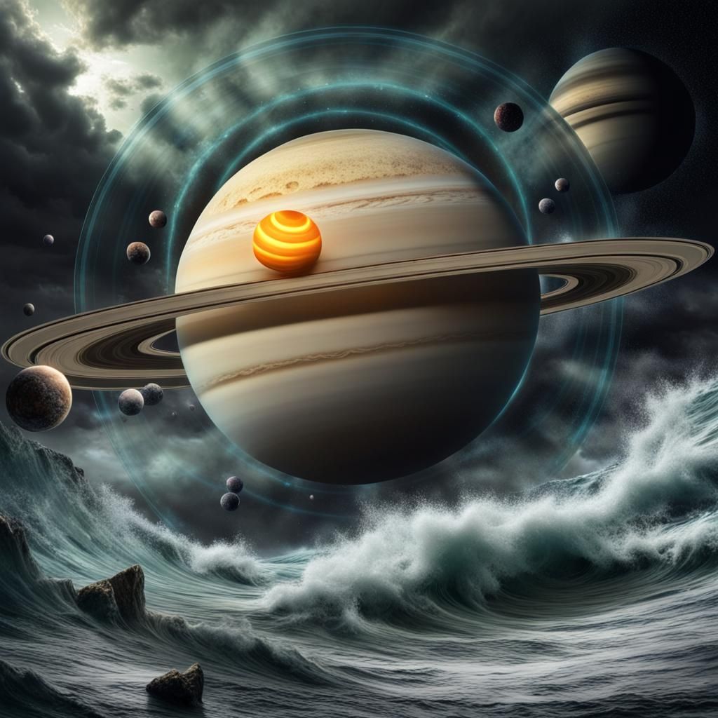 Saturn Emerges from Portal Over Stormy Sea