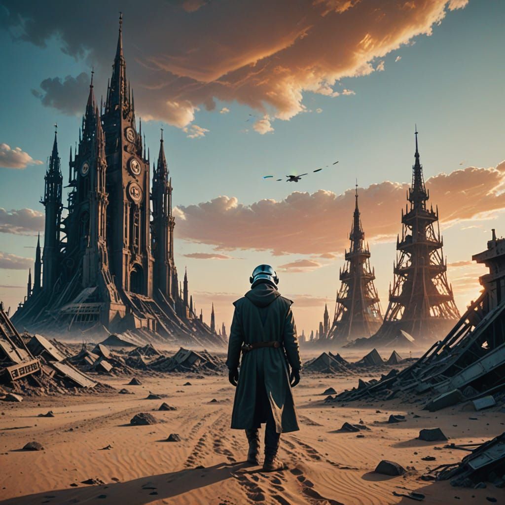 Post-Apocalyptic Desert Cathedral Ruins in Cyberpunk Style