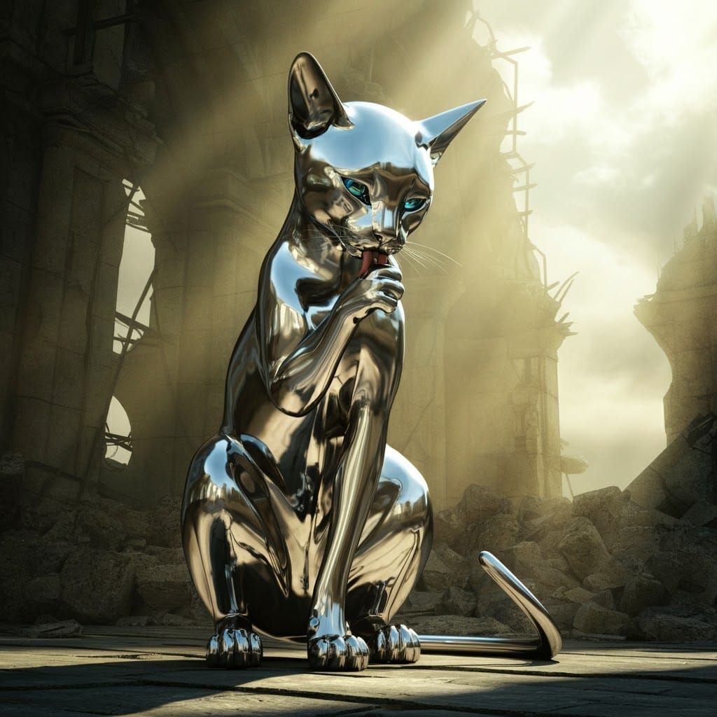 Mirror-Surfaced Cat Cyborg Grooms in Sunlight