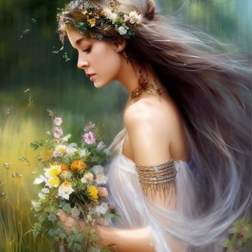 Medieval Woman with Wildflower Crown in Lush Forest