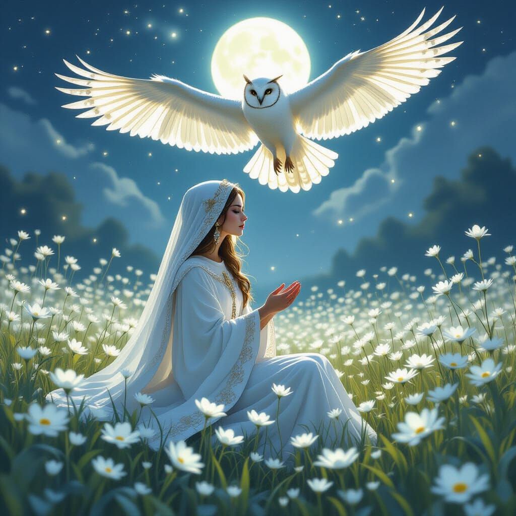 Priestess and Owl Spirit in Ethereal Moonlight