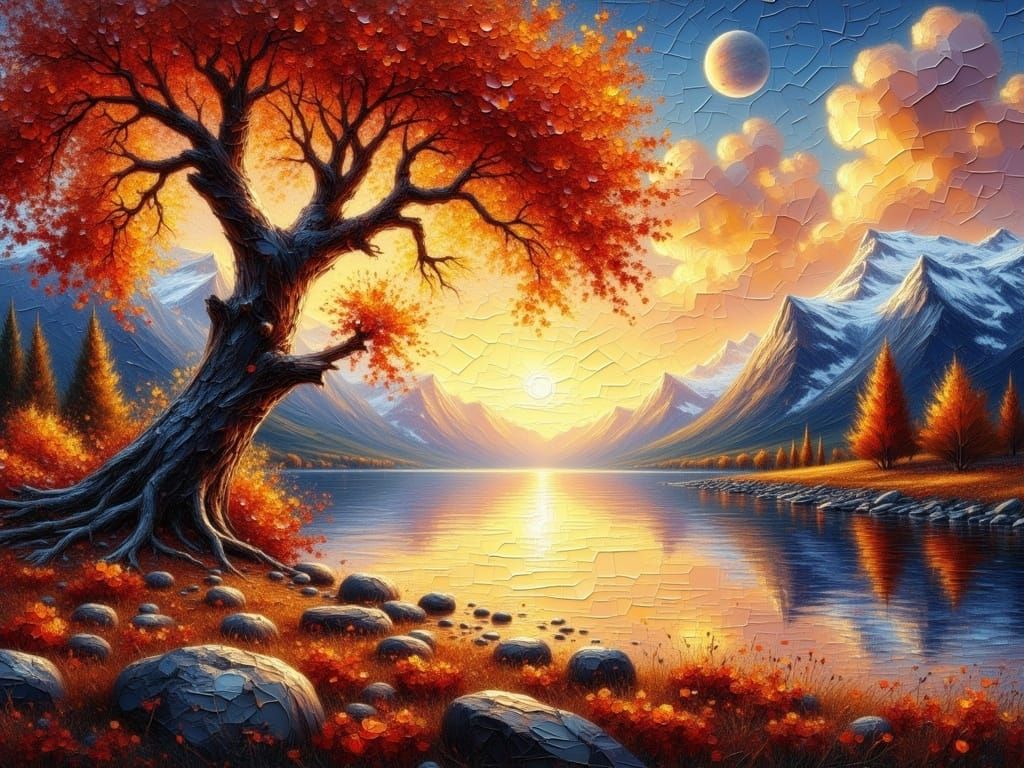 Vibrant Autumn Landscape with Majestic Tree and Tranquil Lak...