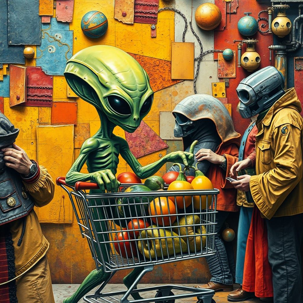 Alien Holds Up Grocery Line: Storybook Illustration
