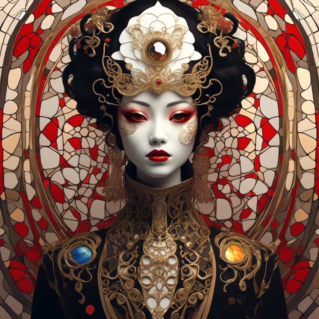 Fragmented Geisha with Diamond Mask in Klimt Style