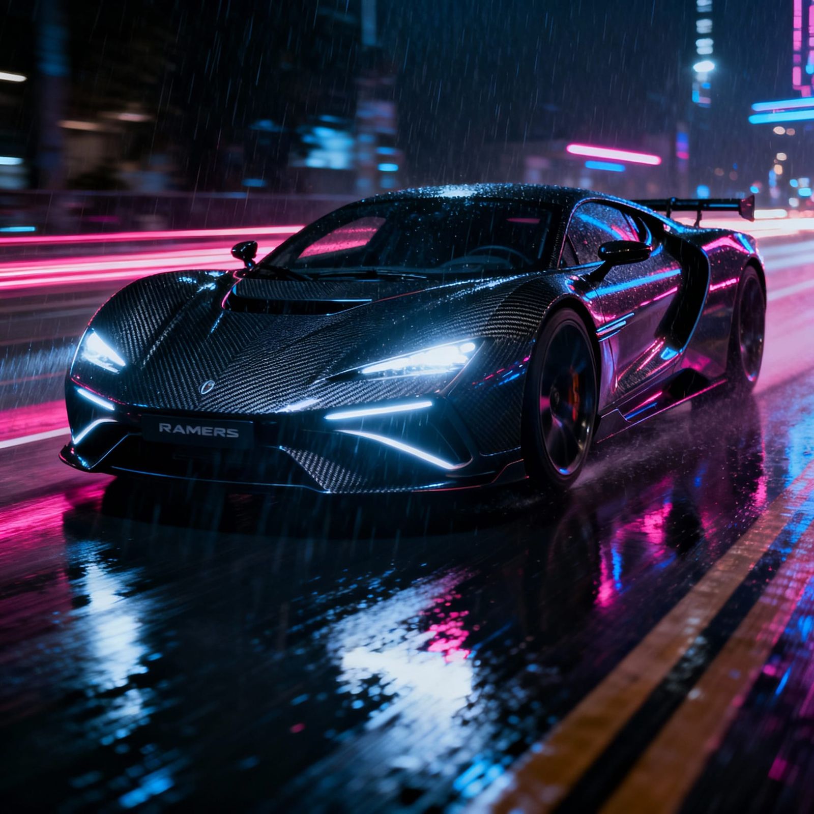 Futuristic Electric Hypercar on Wet City Street at Night