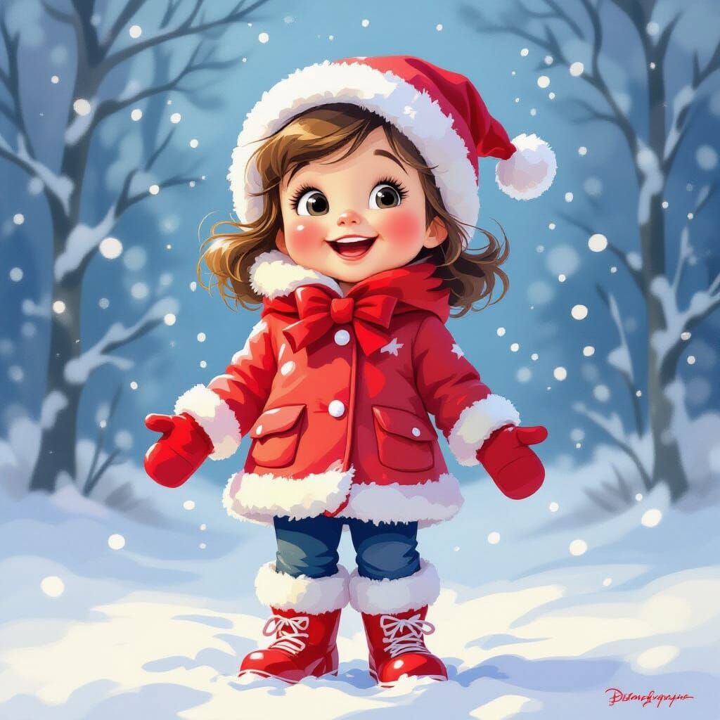 Happy Christmas Girl in Disney Watercolor Style