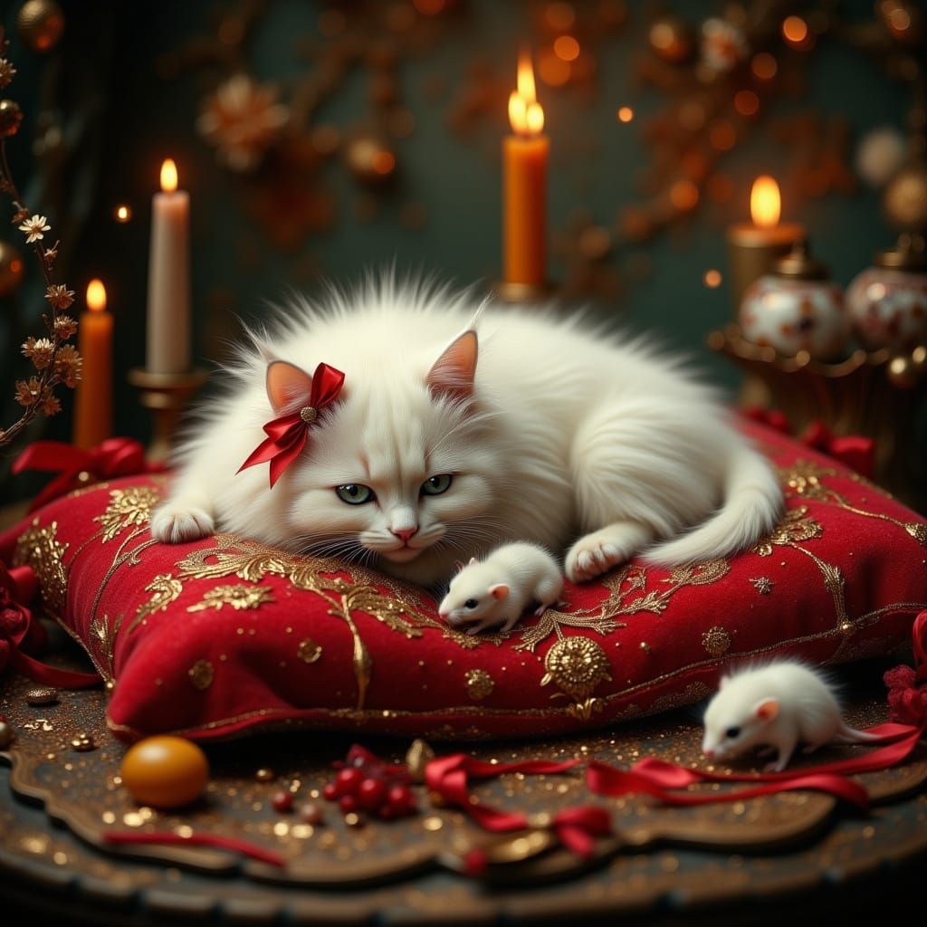 Fluffy White Cat Eyes Mice on Velvet Pillow