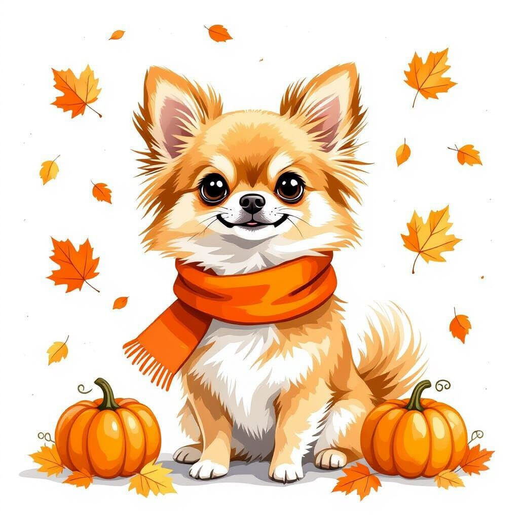 Whimsical Chihuahua in Autumn Leaves, Watercolor Illustratio...