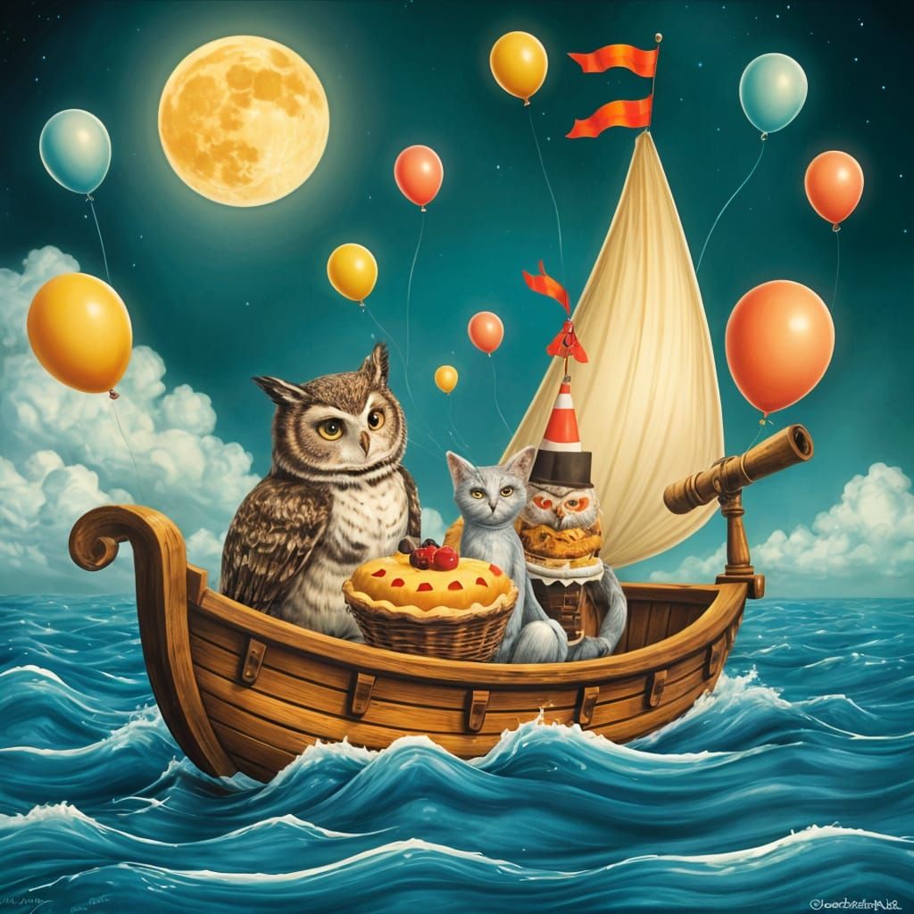 Whimsical Sailor Owls and Cats in Space