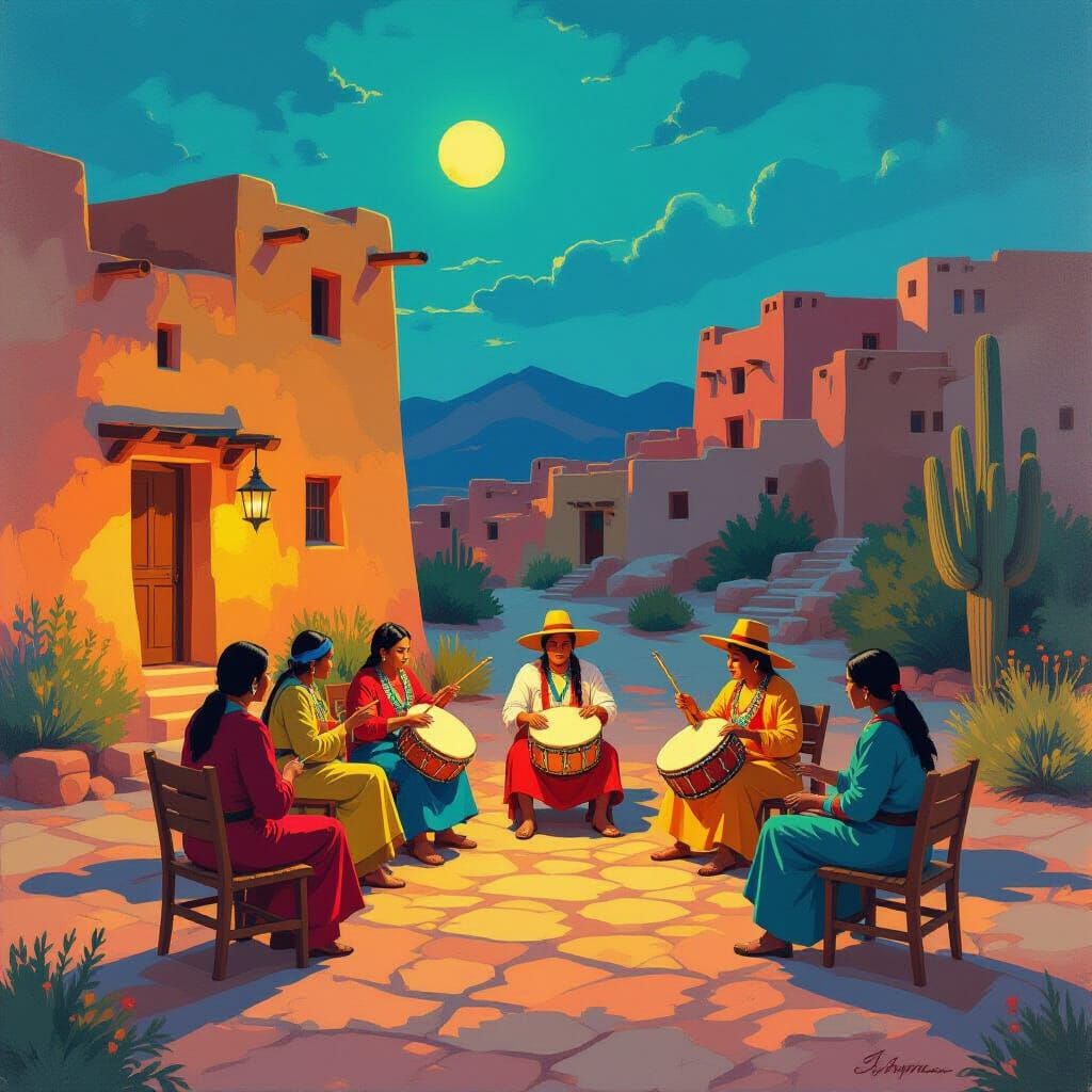 Vivid Pixel Art of New Mexico Pueblo Scene