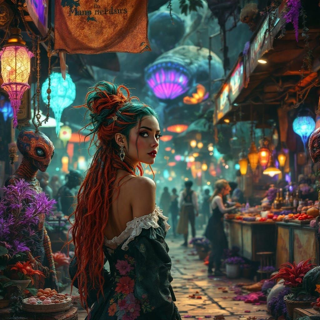 Victorian Sci-Fi Marketplace: 3D Rendered Scene