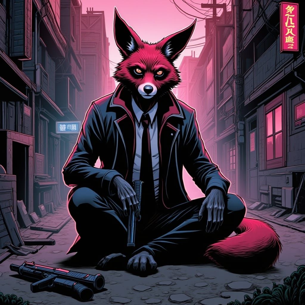 Cyberpunk Fox with Oni Mask in Neon Cityscape