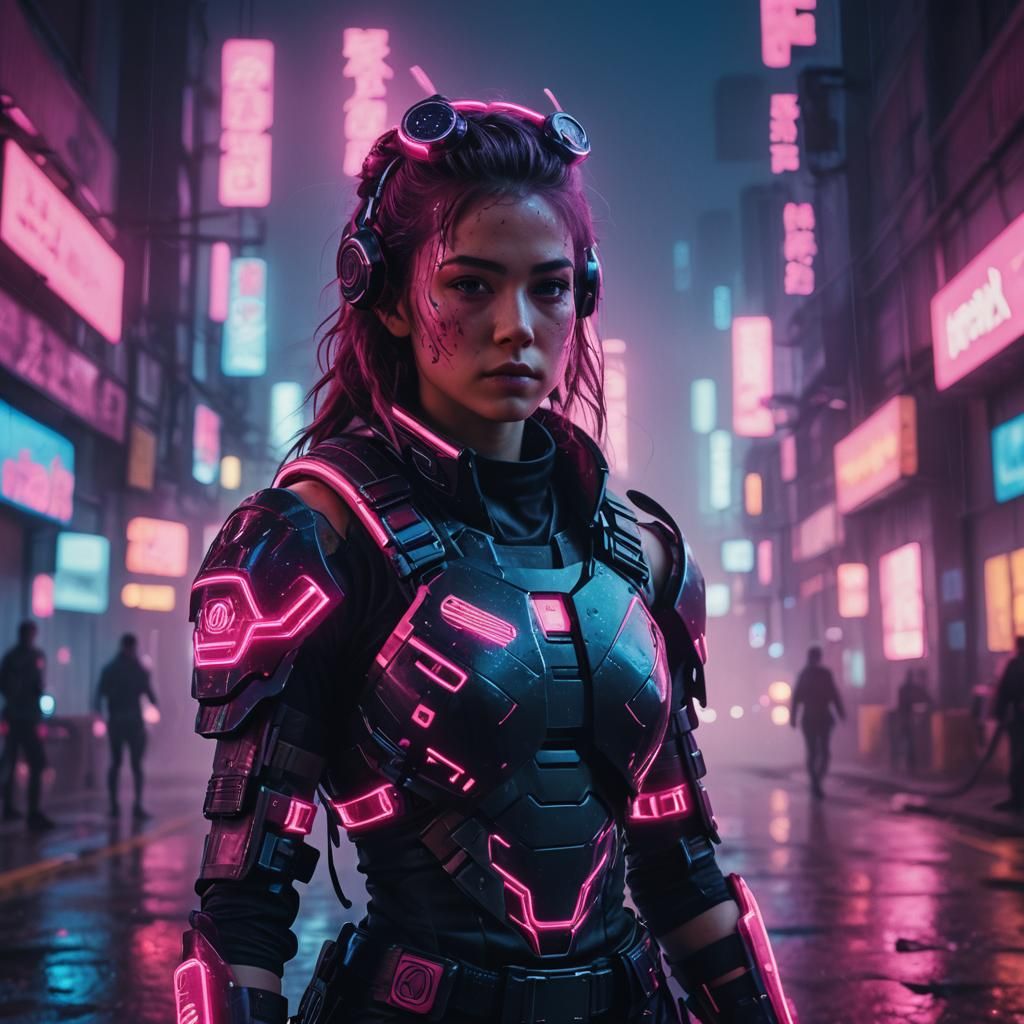 Cyberpunk Warrior in Neon Cityscape at Night