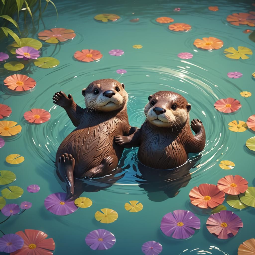 Cute Otter Couple Floating Down River in 3D