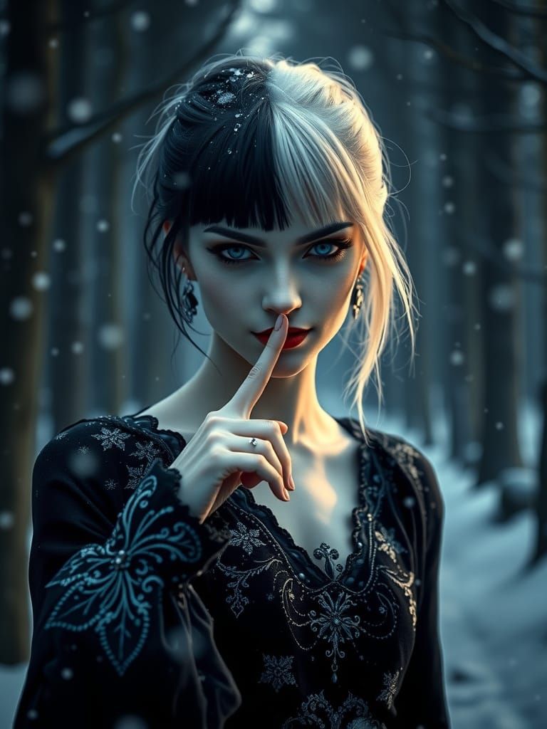 Cinematic Portrait of Cruella in Winter Forest