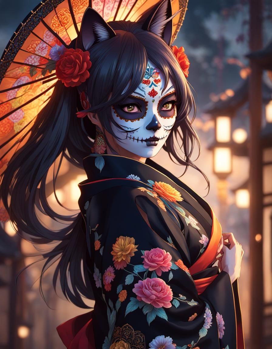 Anime Catgirl in Day of the Dead Mask