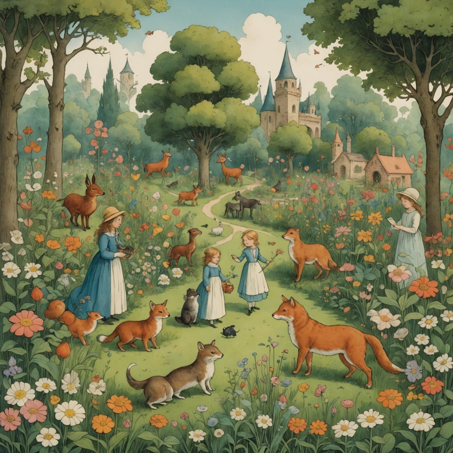 Whimsical Garden with Talking Animals and Magical Creatures