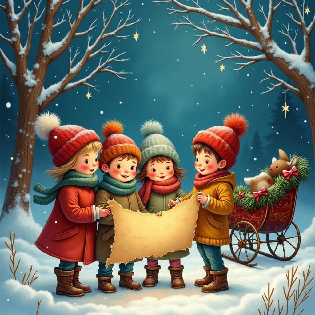 Children Discover Treasure Map in Winter Forest