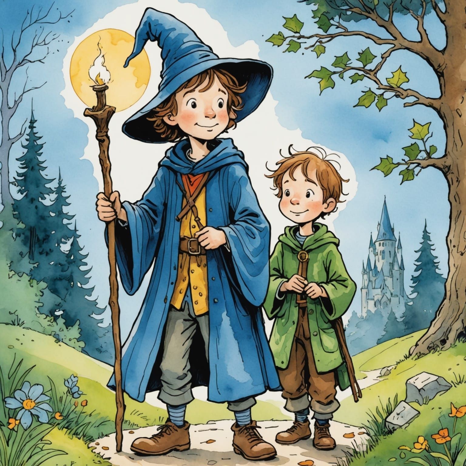 Wizard and Son: Storybook Watercolor Illustration