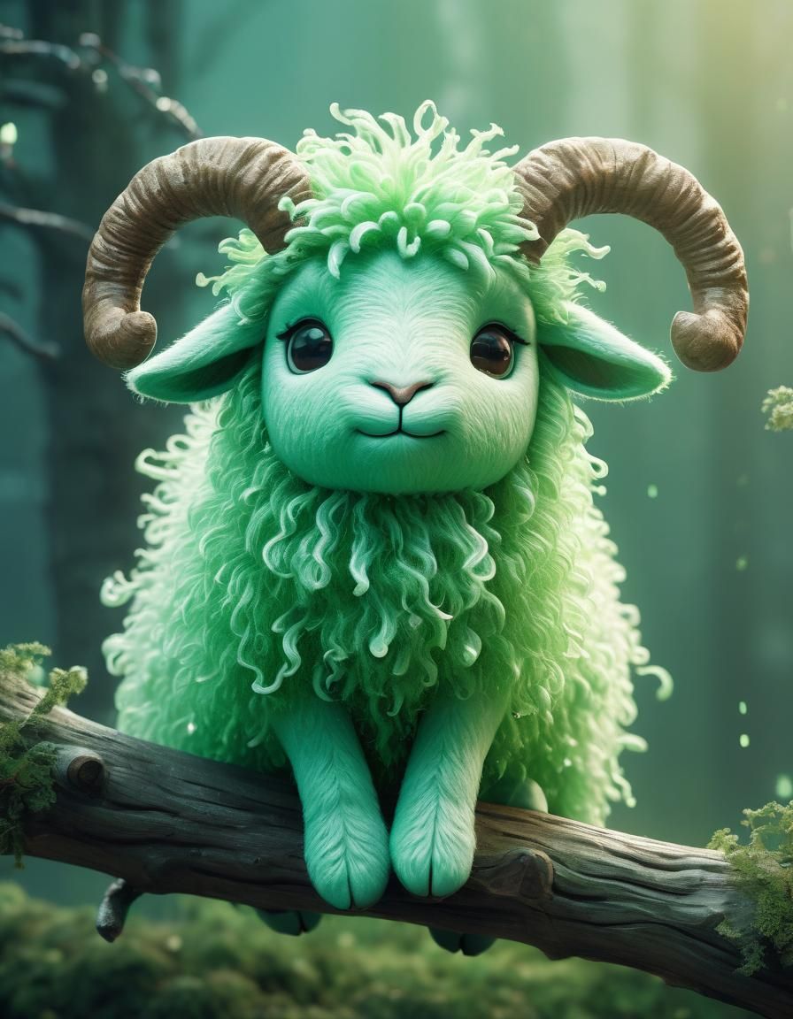 Green Fantasy Sheep in Manga Style, Morning Dew