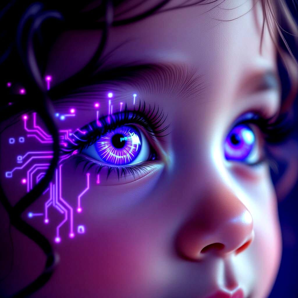 Child's Eyes with Neon Purple Circuitry
