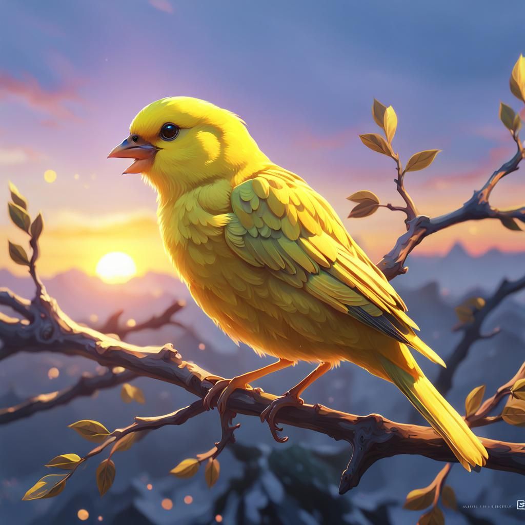Anime Style Canary Bird Sunset Digital Painting