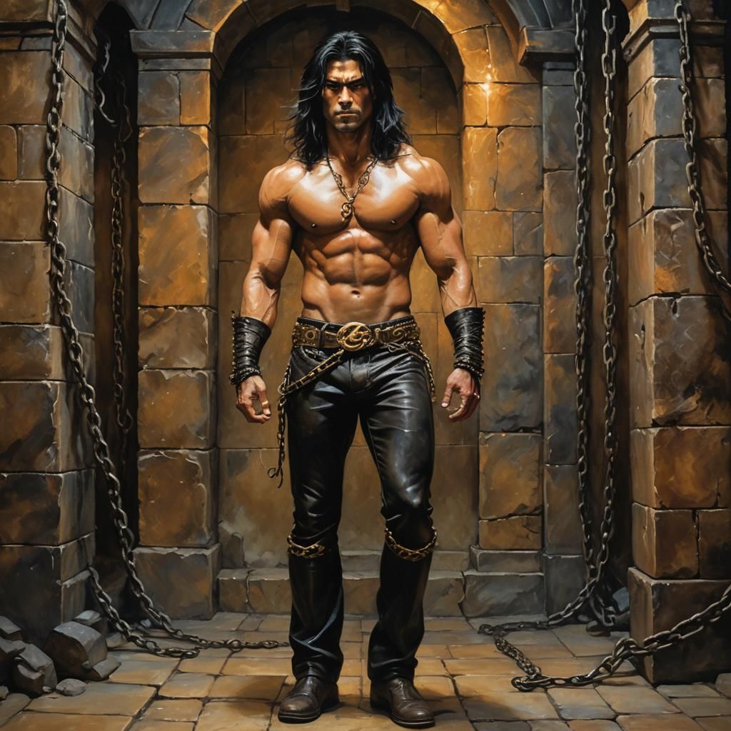 Chained Hero in Stone Chamber: Fantasy Oil Painting
