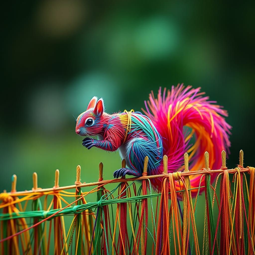 Colorful String Squirrel on Fence: Airbrush Fantasy Art
