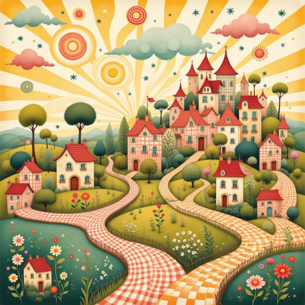 Folk Art Nouveau Flying City in Naive Primitive Style