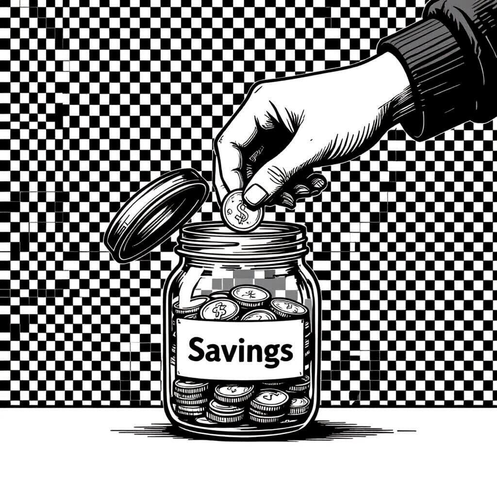 Coin Dropping into Savings Jar: Black and White