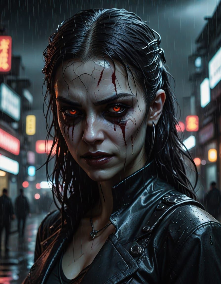 Glowing Young Vampire Girl in Dark Cyberpunk Rain