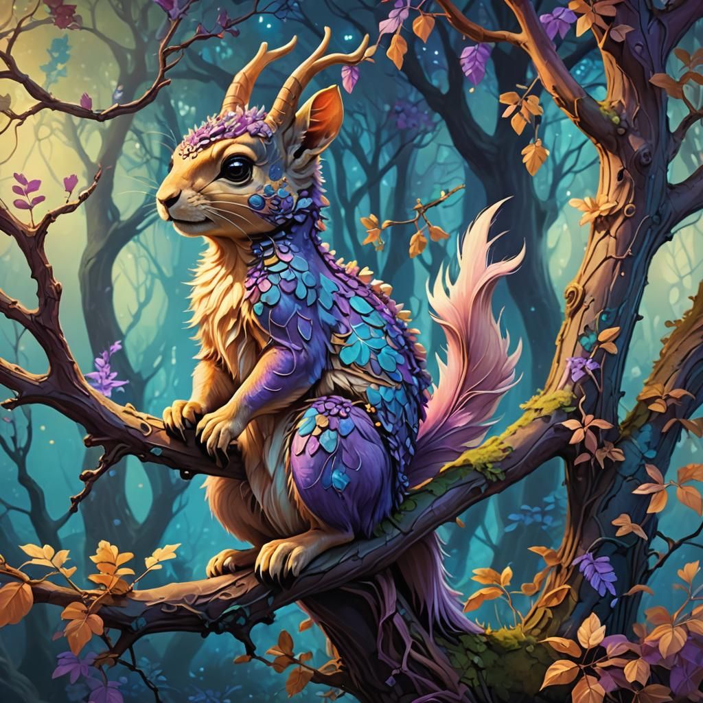Giraffe Squirrel Monster in Magical Forest, Fantasy Art