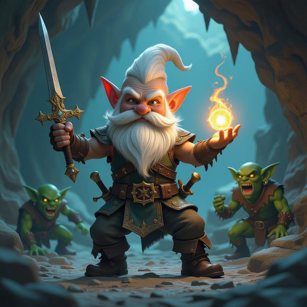 Gnome Breakdancing with Goblins in Dark Fantasy Style