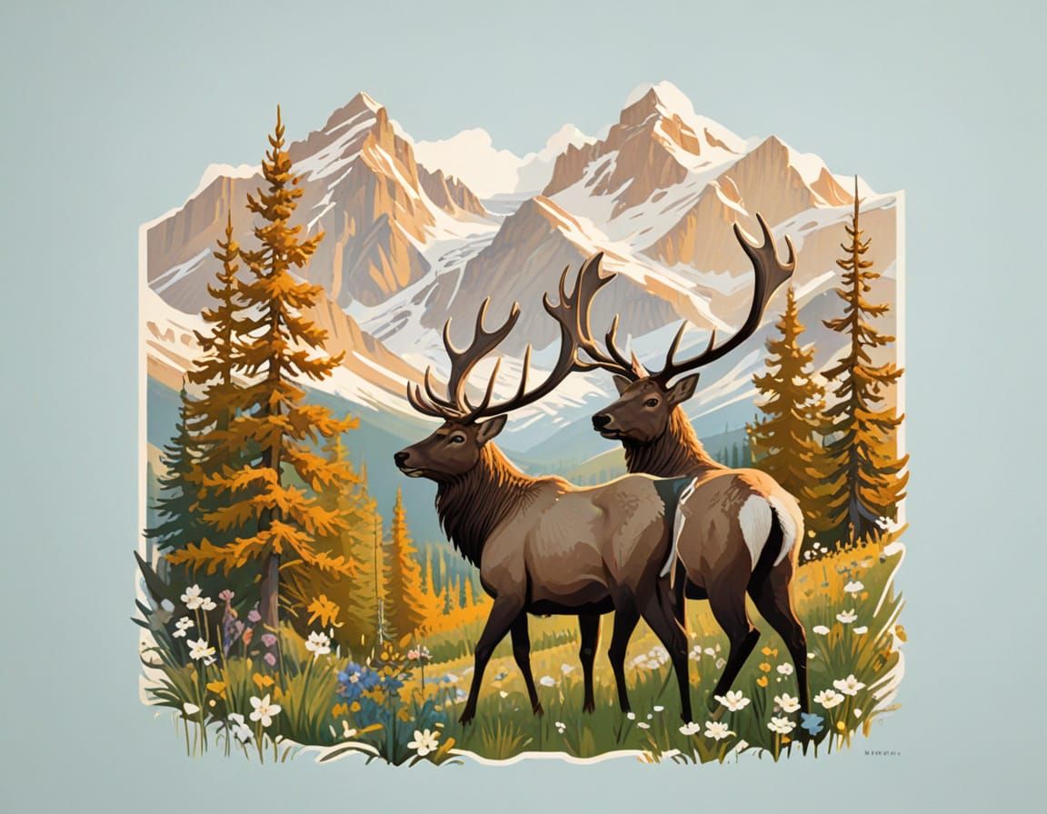Banff National Park Travel Poster with Elk