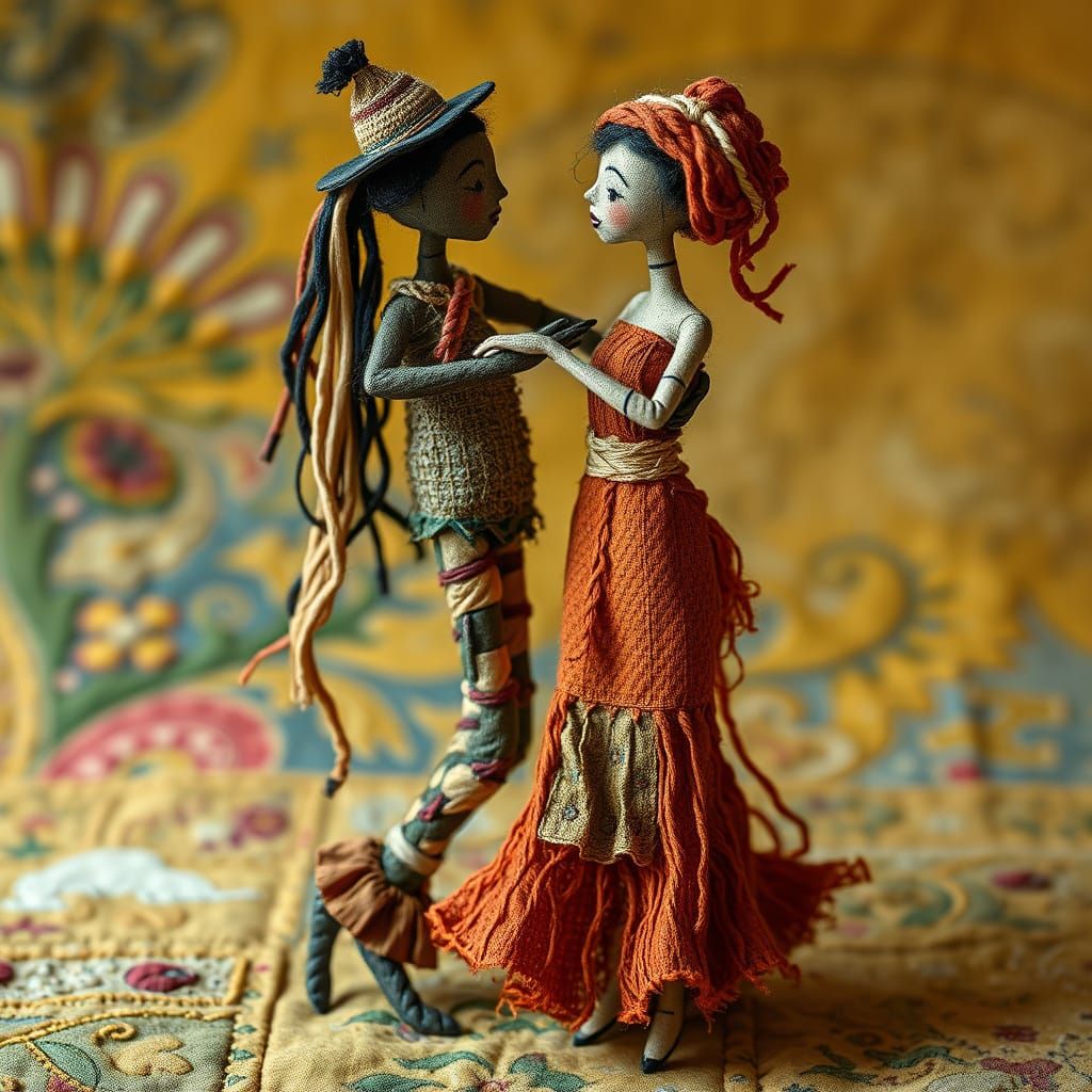 Whimsical Earthy Dancing Couple in Folk Art Style