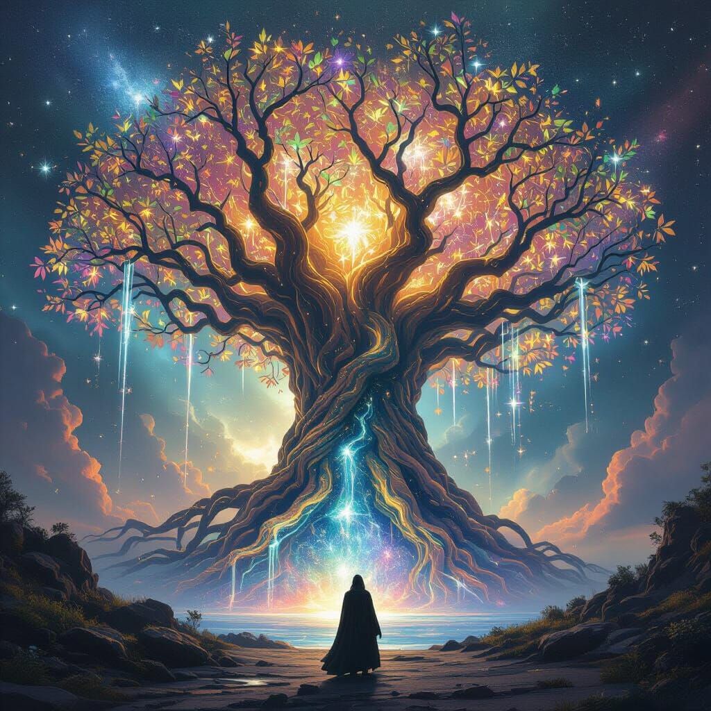 Ancient Cosmic Tree in Nebula with Celestial Figure