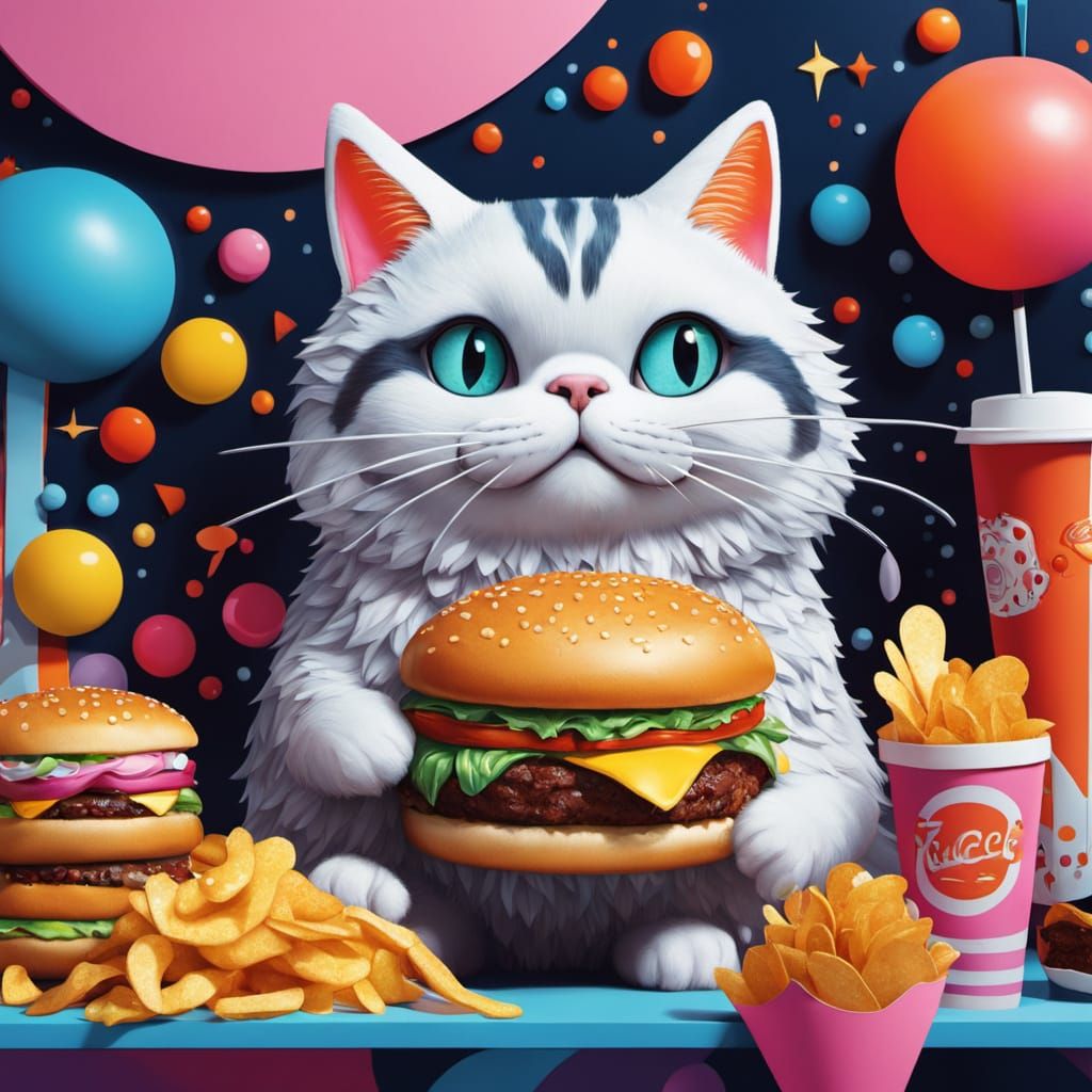 Whimsical Cat Enjoys Retro Burger Joint Scene