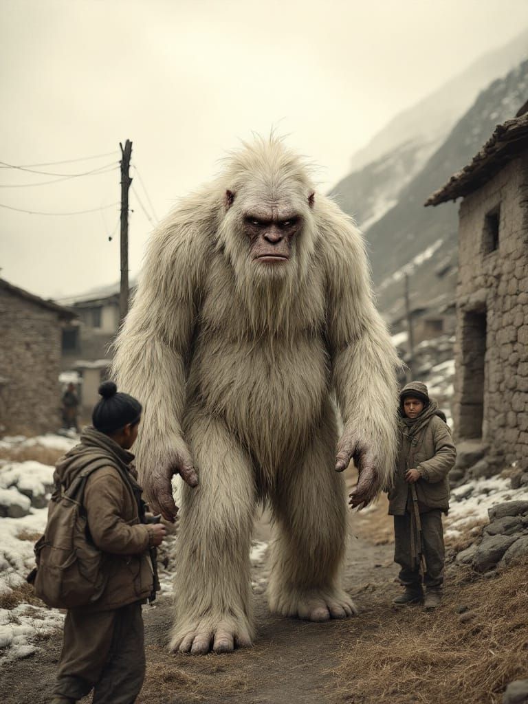 Yeti Encounter in High-Altitude Village - Vintage Photo Styl...