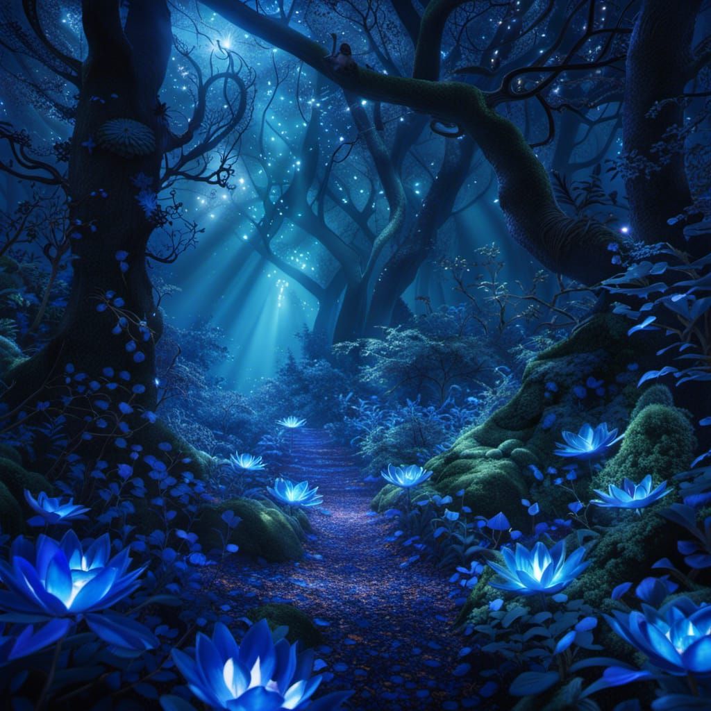 Enchanted Forest: Mystical Blue Light and Magical Creatures