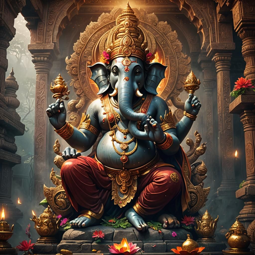 Ganapati in Vibrant Temple: Fantastical Concept Art