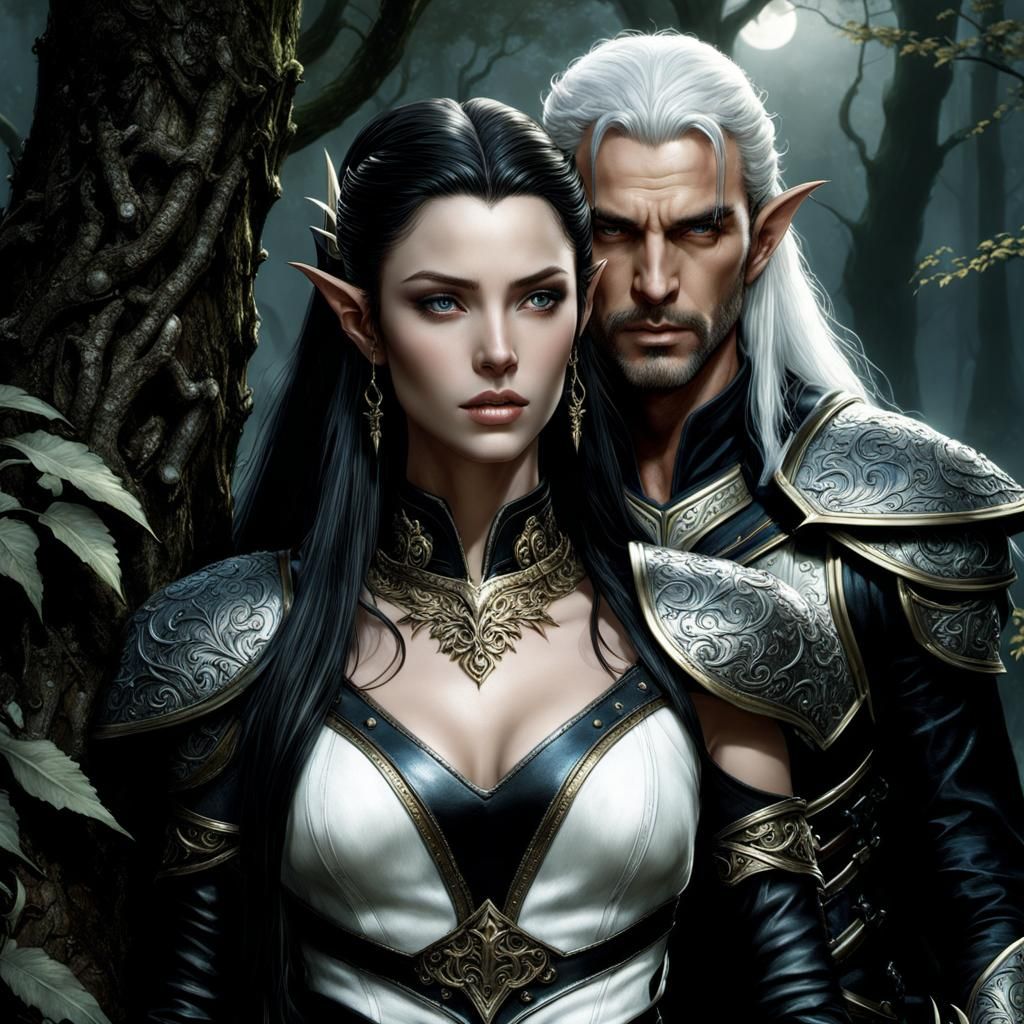 Elven Warriors Embrace in Moonlit Forest, Digital Illustrati...