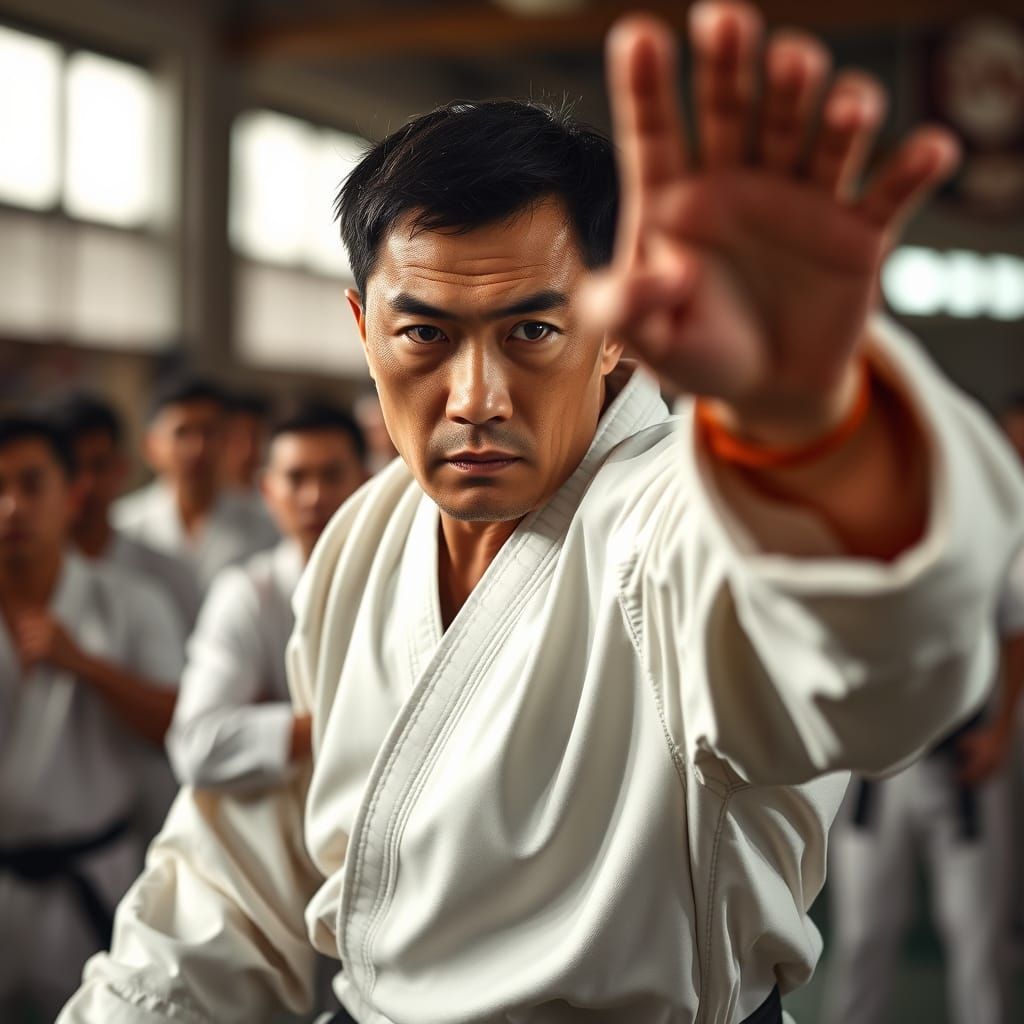 Focused Karateka's Acrobatic Kick in Studio