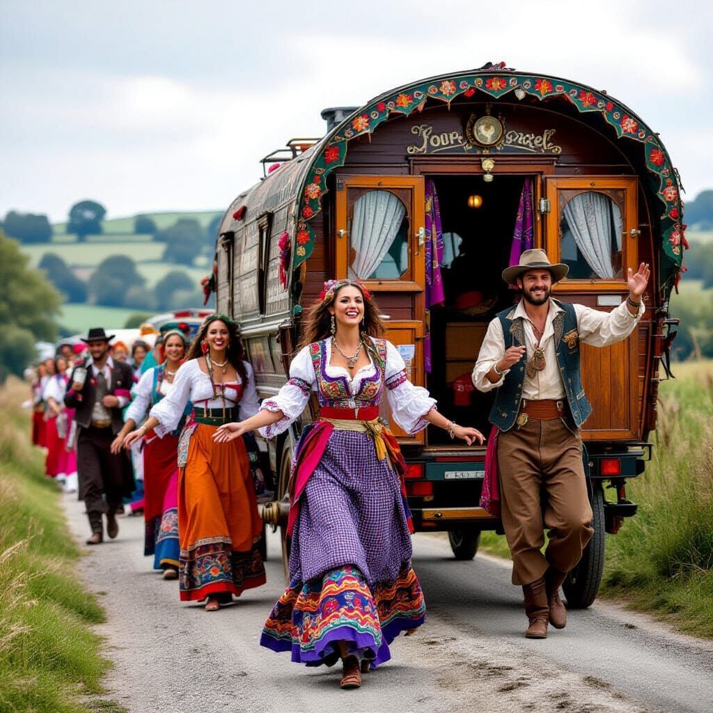 Gypsy Caravan Journey Through England with Festive Dancers