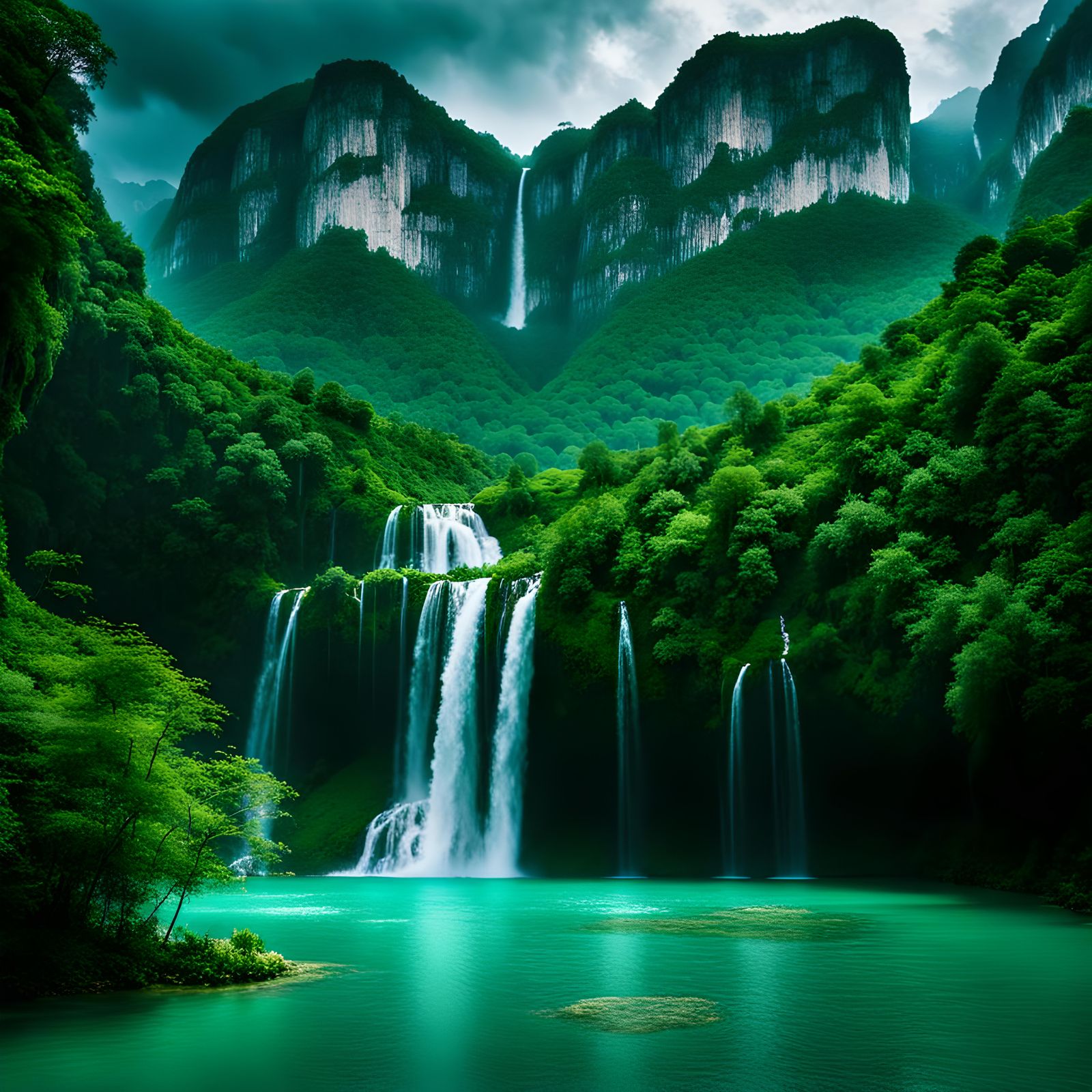 Lush Green Limestone Mountains with Blue Water