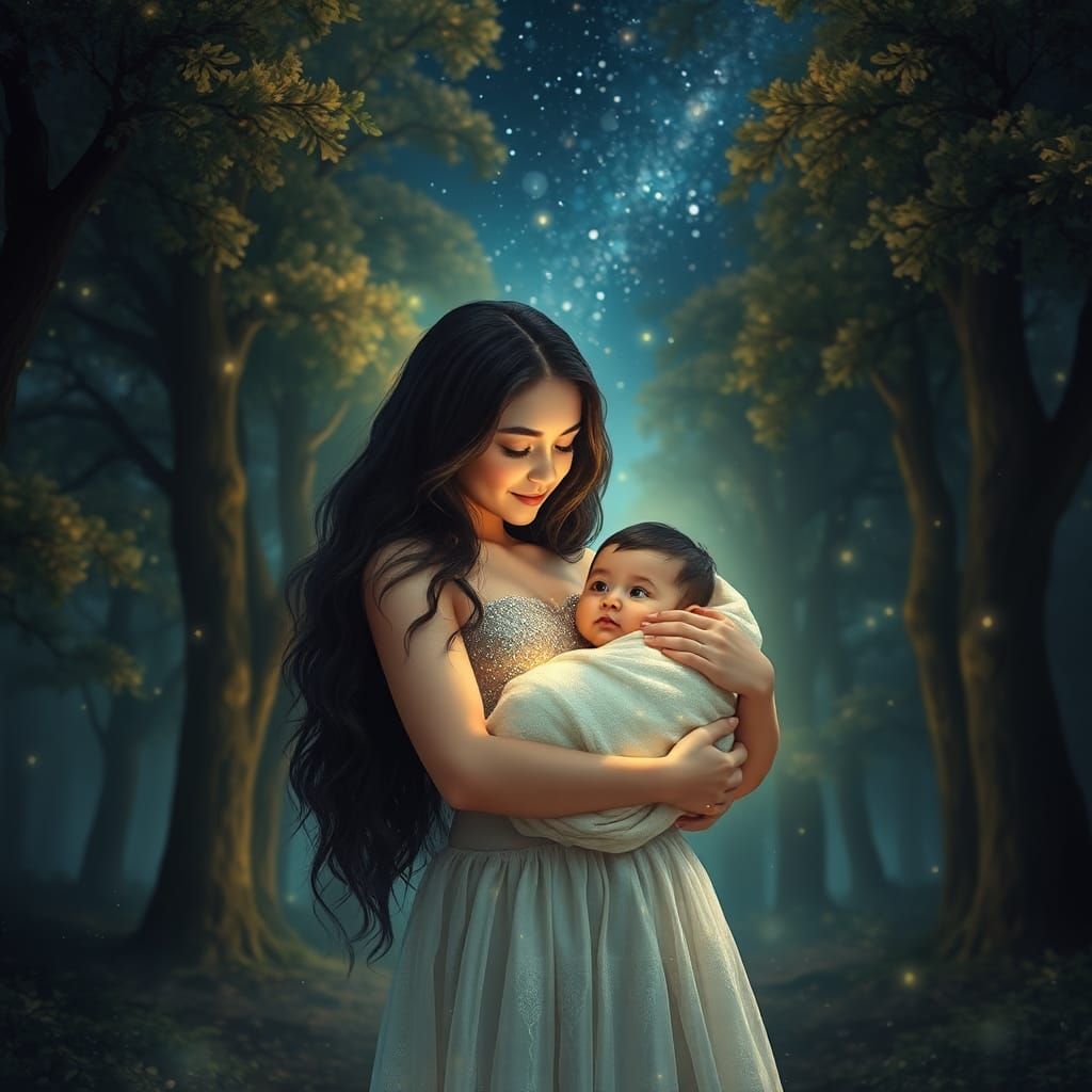 Dreamy Forest Scene with Girl and Rabbit