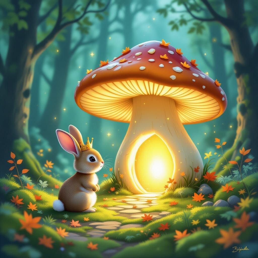 Rabbit Discovering Magical Portal in Bioluminescent Mushroom...