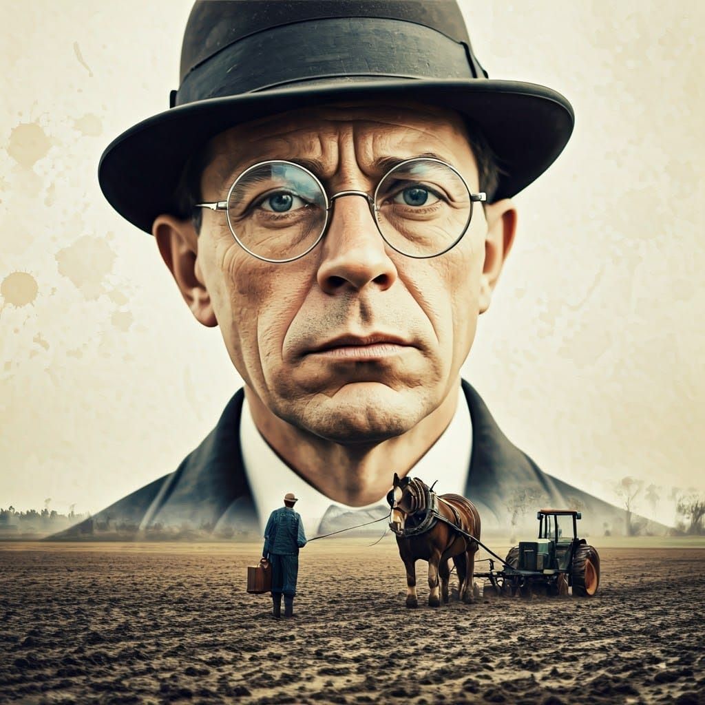 Surreal Double Exposure: Taxman and Farmer in Dreamscape