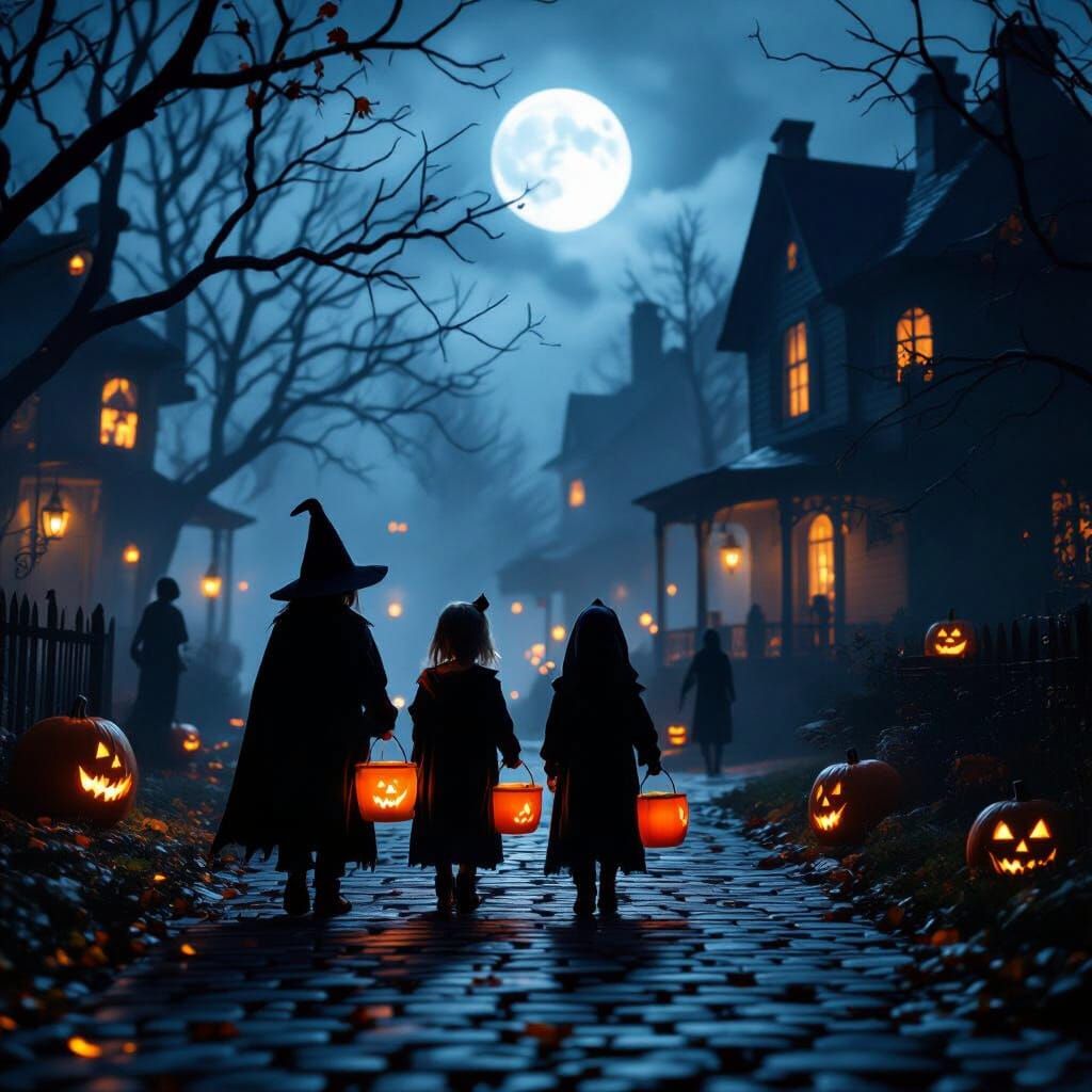 Spooky Halloween Night in a Foggy Small Town