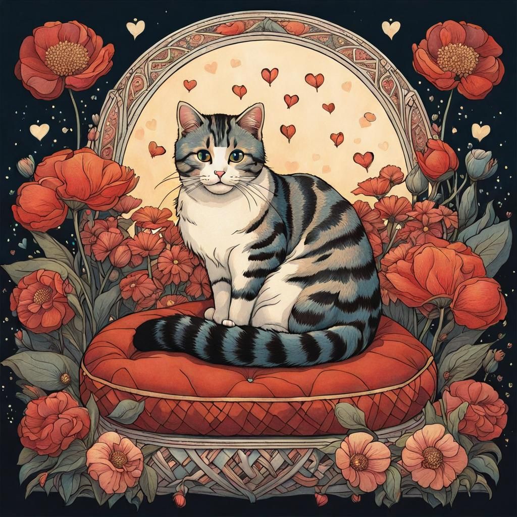 Cute Cat with Flowers: Ethereal Mystical Illustration