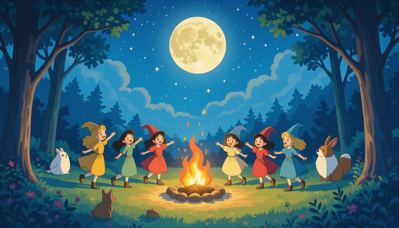 Enchanting Witches Dance Around Magical Fire Under Starlit S...